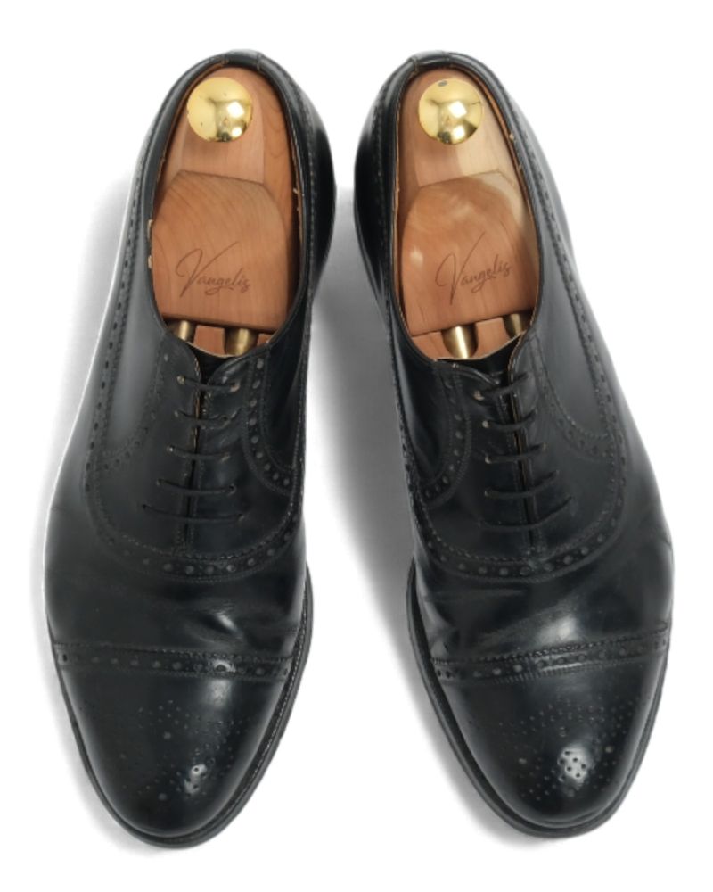 Black Leather Semi-Brogue Cap-Toe Oxfords