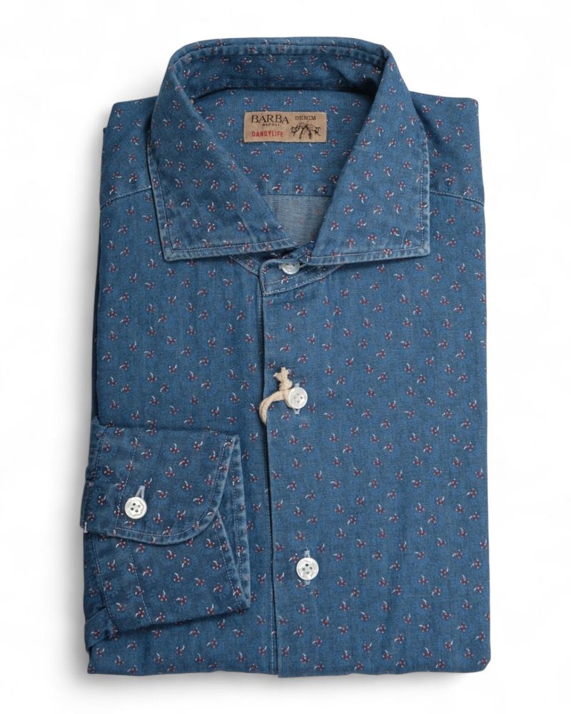 Blue Mini Floral Pattern Denim Shirt