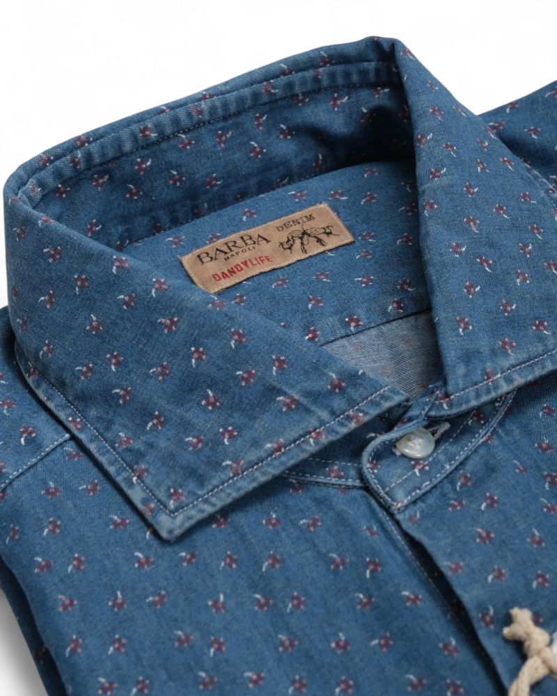 Blue Mini Floral Pattern Denim Shirt