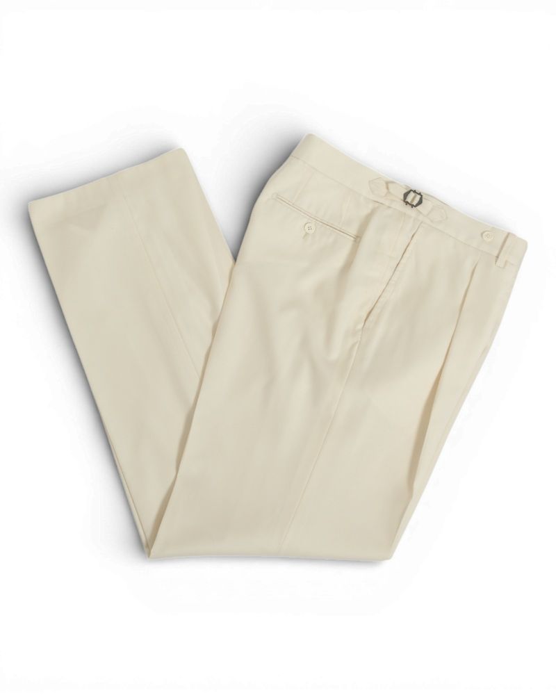Cream White High Rise Pleated Gabardine Wool Trousers