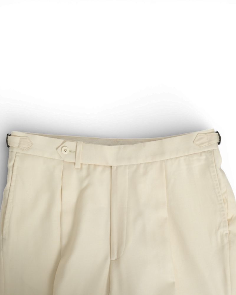 Cream White High Rise Pleated Gabardine Wool Trousers