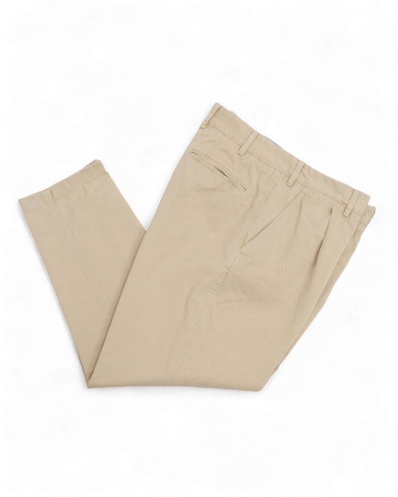 Beige Pleated Cotton Twill Trousers