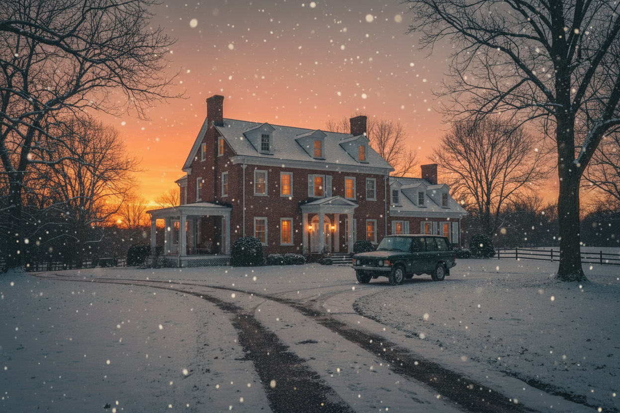 more 80's american countryside big brick house, the sun is going down and there is warm lights and light snowing