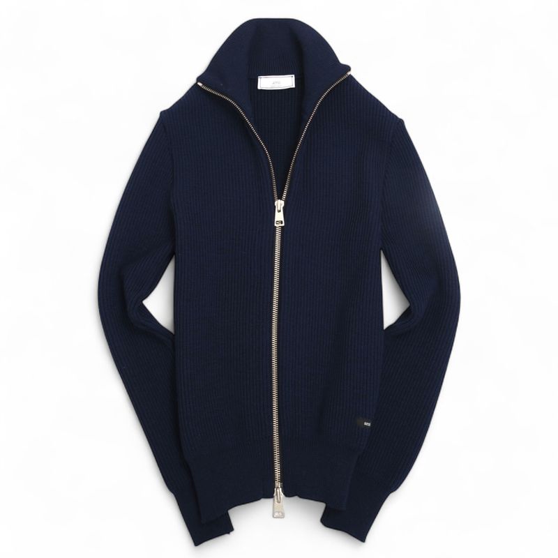 Navy Ribbed Zip Cardigan