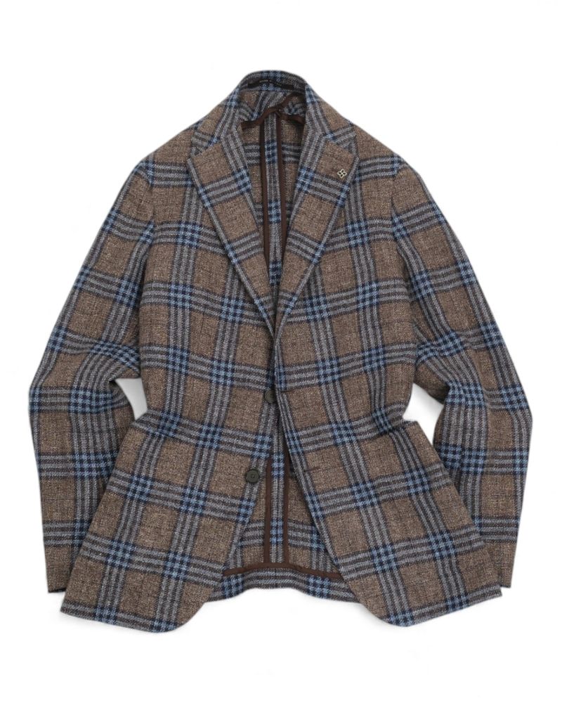 Brown/Blue/Navy Plaid Check Cotton/Linen/Silk Sports Jacket