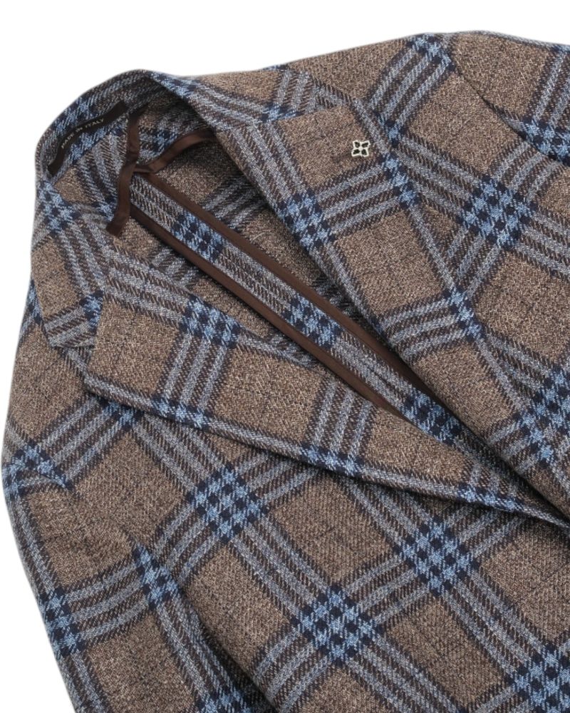 Brown/Blue/Navy Plaid Check Cotton/Linen/Silk Sports Jacket