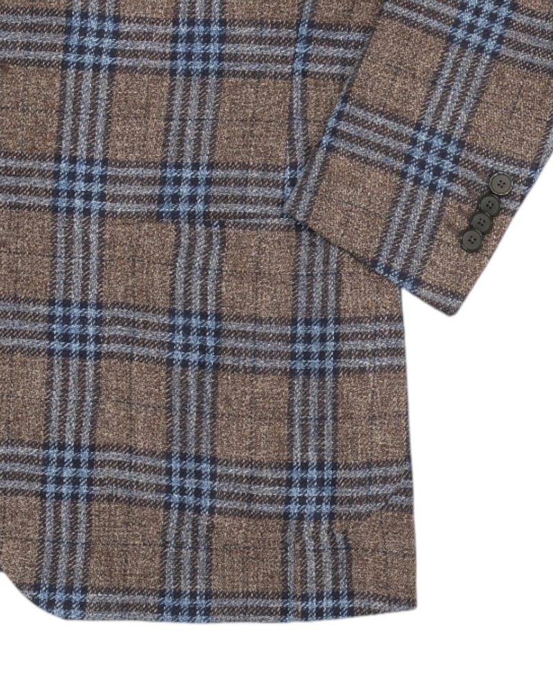 Brown/Blue/Navy Plaid Check Cotton/Linen/Silk Sports Jacket