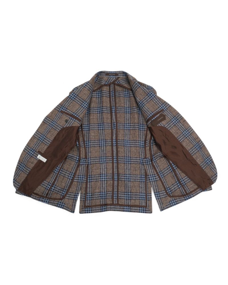 Brown/Blue/Navy Plaid Check Cotton/Linen/Silk Sports Jacket