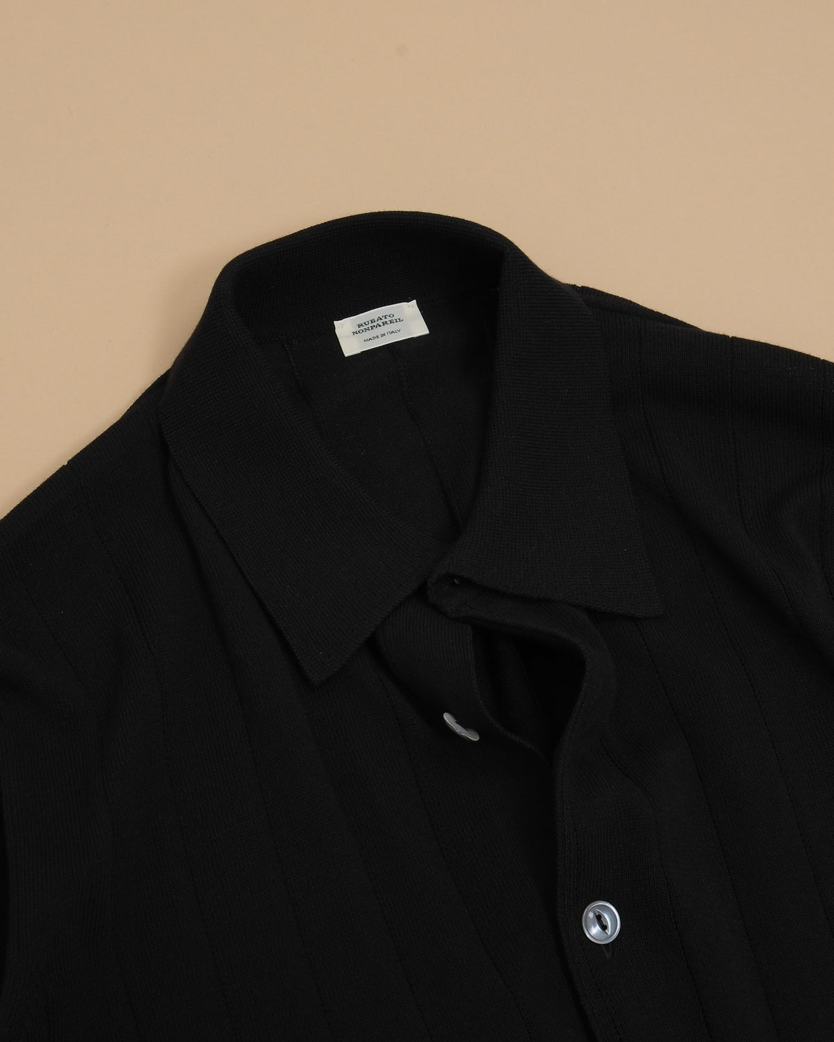 Detail of button placket and collar on Nero Nonpareil Collo Americano Long-Sleeve Polo