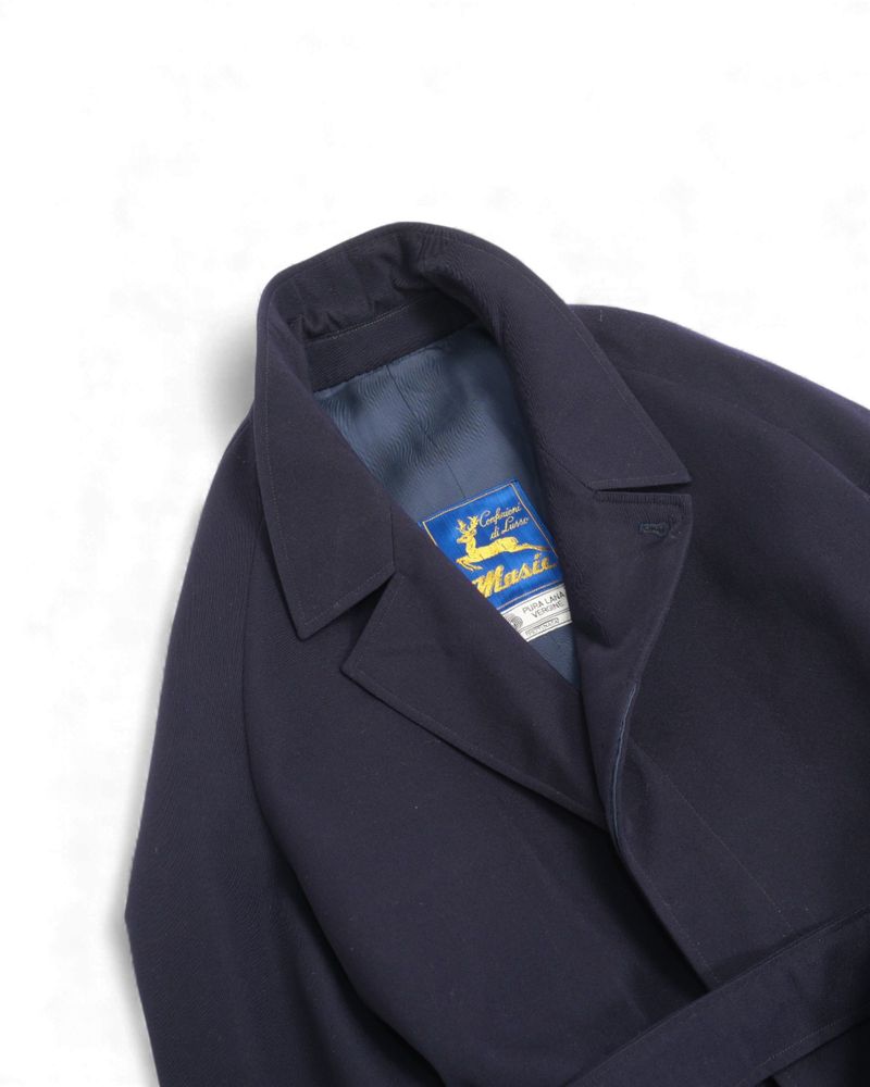 Navy Belted Raglan Virgin Wool Overcoat