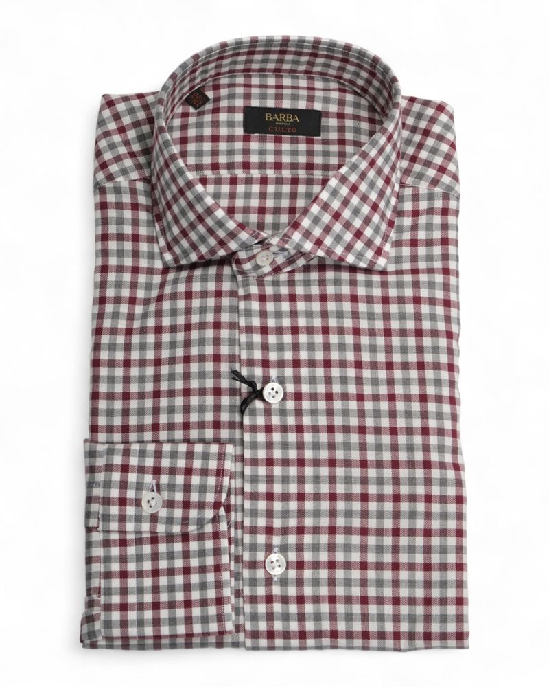 Burgundy/Grey Gingham Checked Brushed Twill Shirt