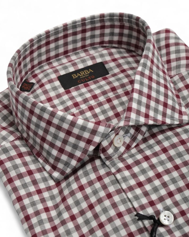 Burgundy/Grey Gingham Checked Brushed Twill Shirt