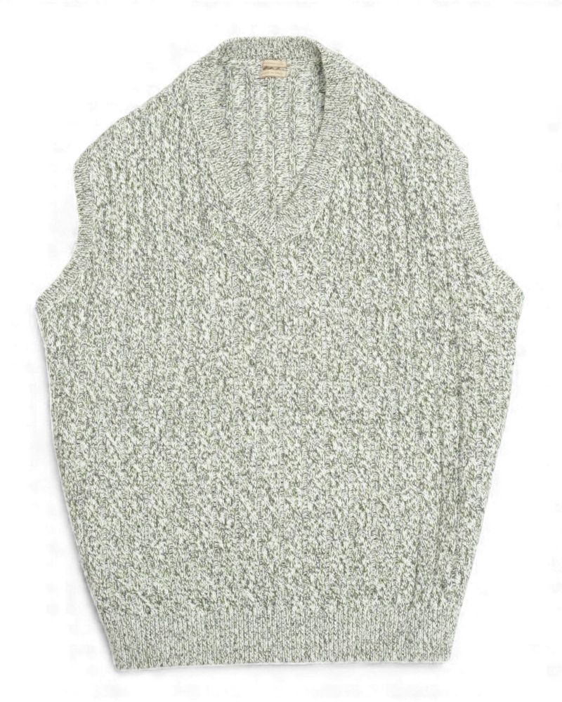 Off-White & Green Cable-Knit V-Neck Sweater Vest