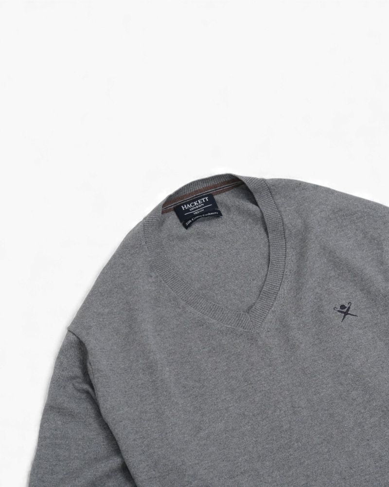 Mid Grey Silk/Cotton/Cashmere V-Neck