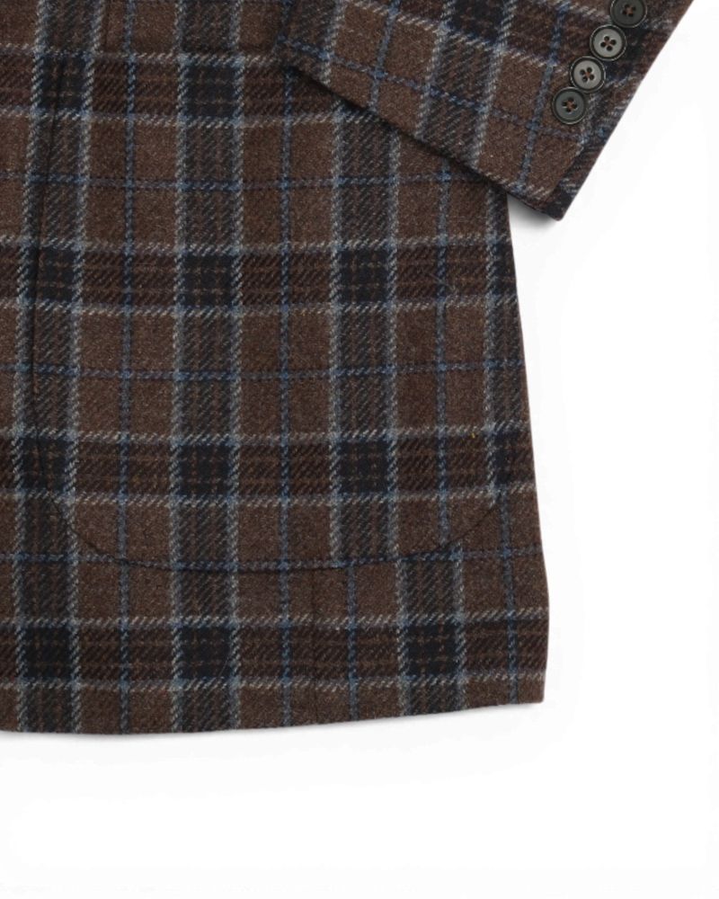 Brown/Navy/Light Blue Plaid Check Wool & Cashmere Sports Jacket