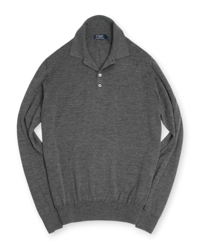Grey Cashmere/Wool Long Sleeve Polo Knit