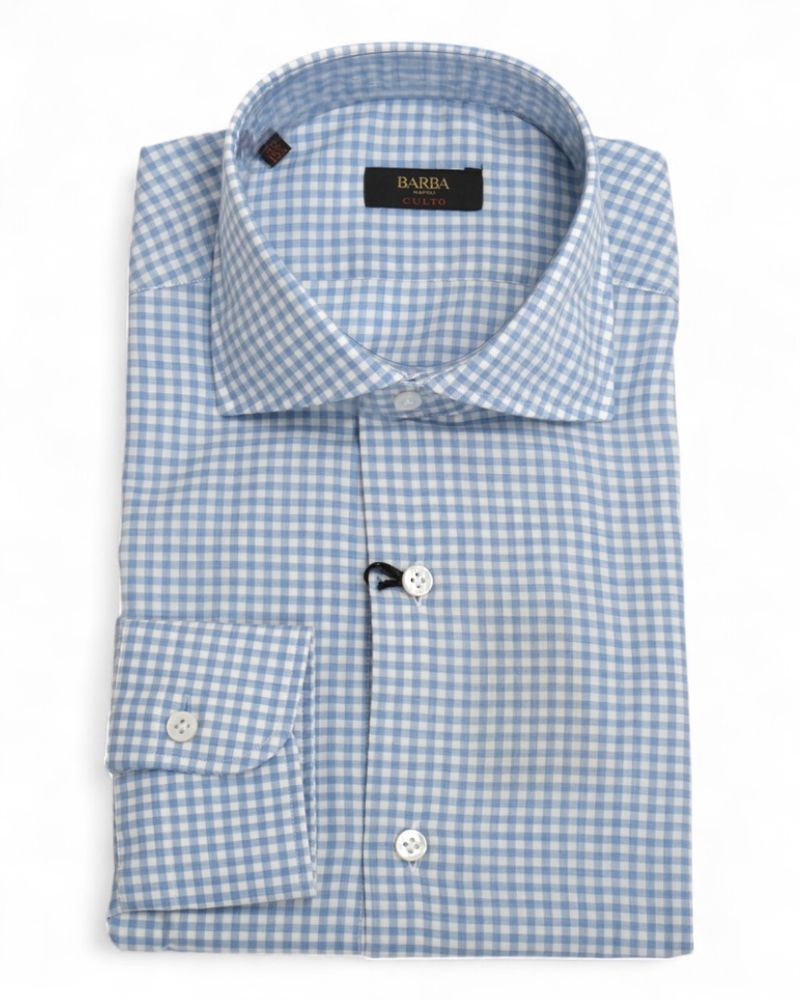 Light Blue Gingham Checked Worsted Twill Shirt