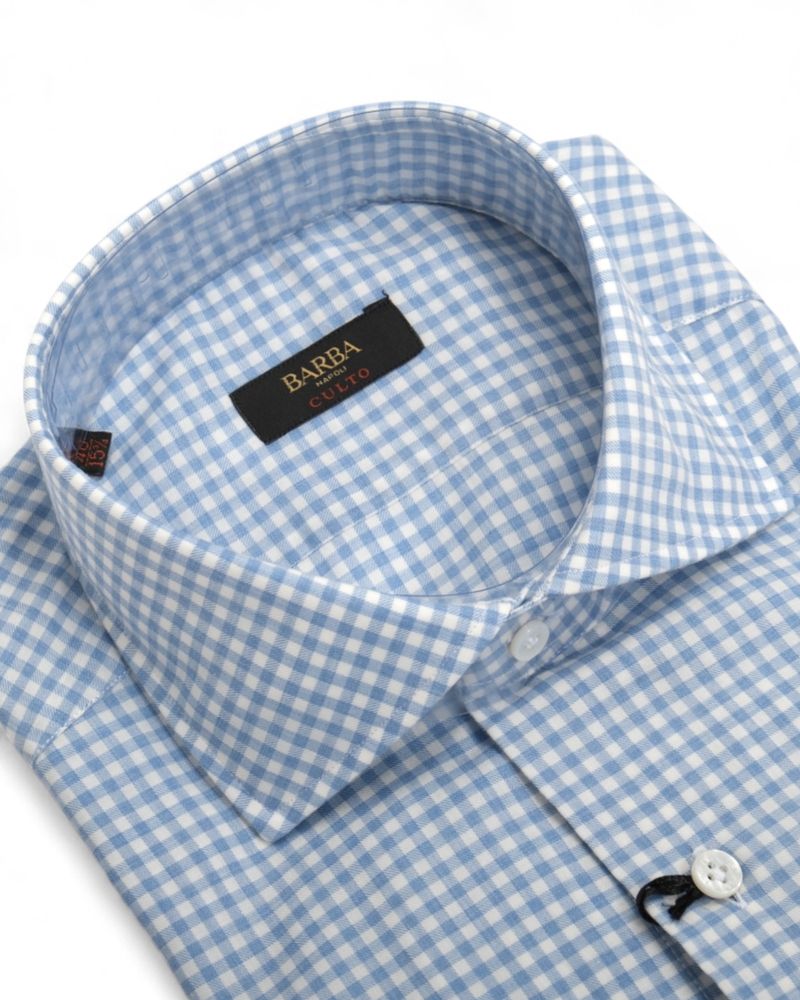 Light Blue Gingham Checked Worsted Twill Shirt