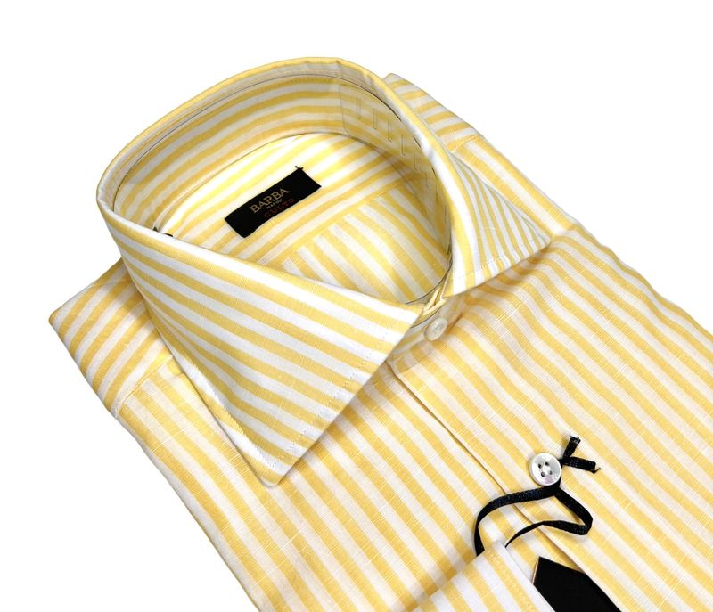 Yellow Cotton/Linen Striped Spread Collar Shirt