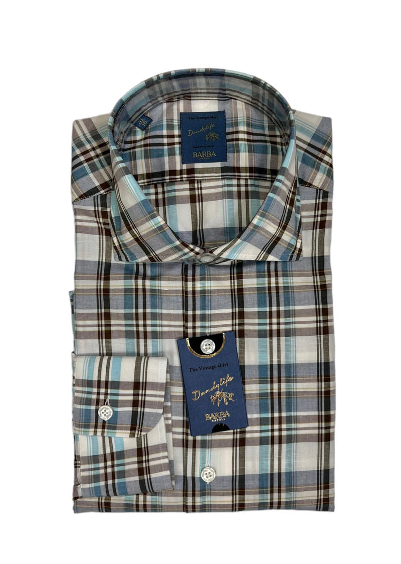 Brown/Blue/Beige Linen/Cotton Checked Shirt