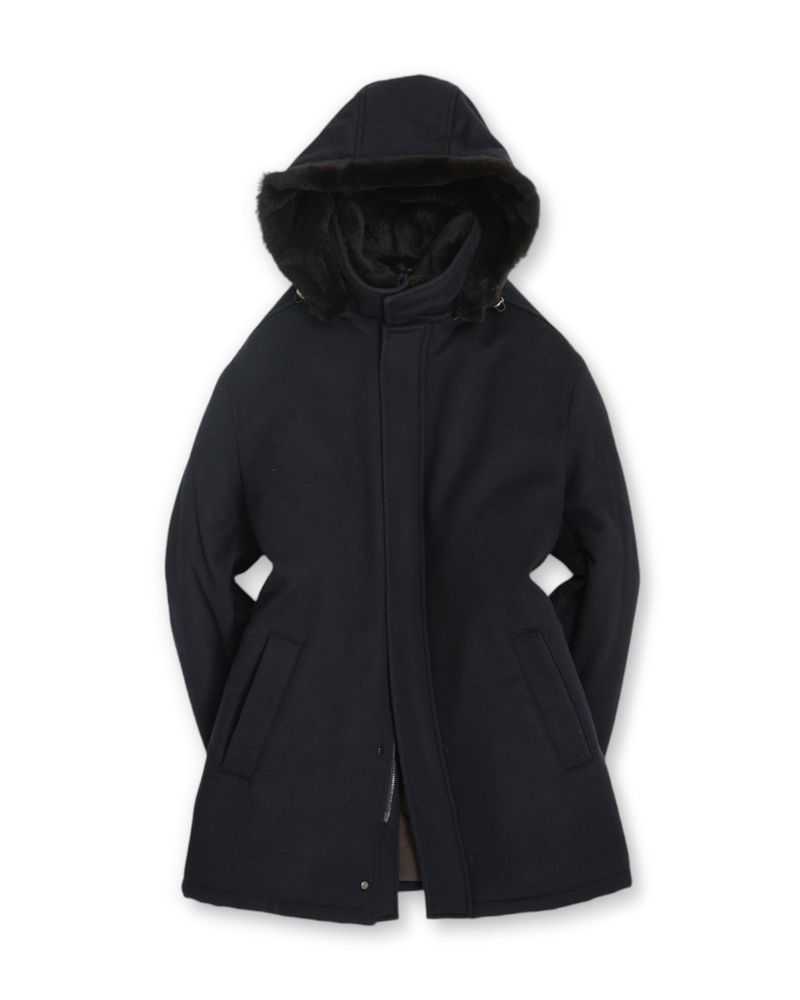 Navy Virgin Wool & Cashmere Flannel, Fur Lined Jacket