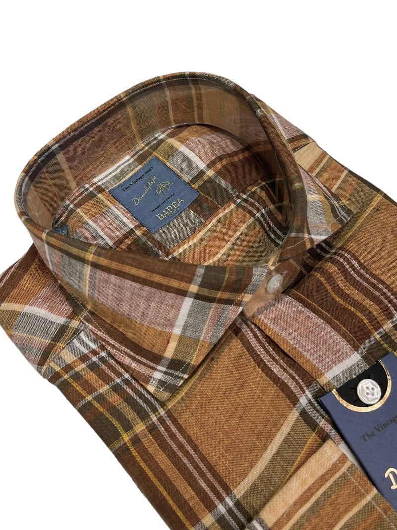 Warm Beige/Brown Check Linen Shirt