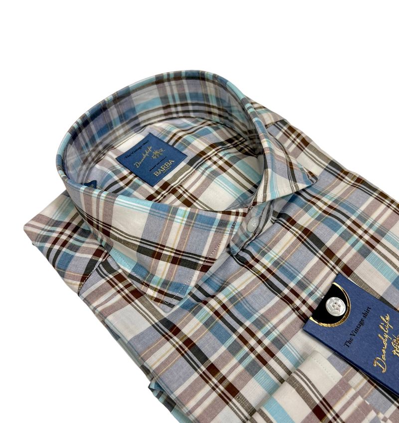 Brown/Blue/Beige Linen/Cotton Checked Shirt