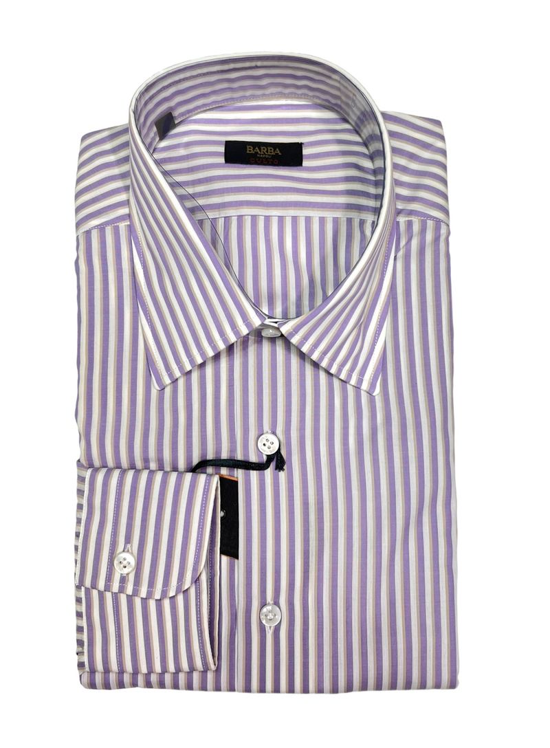 Purple/Brown Striped Point Collar Cotton Shirt