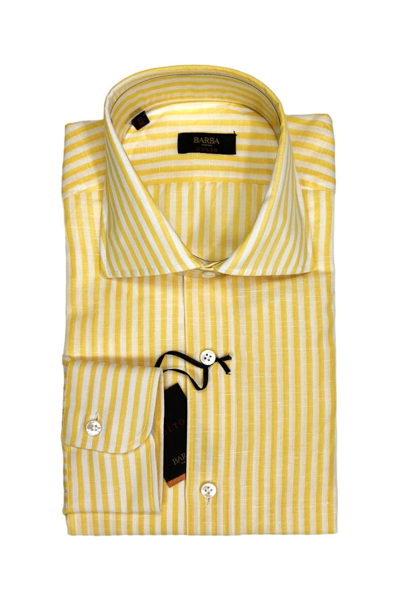 Yellow Cotton/Linen Striped Spread Collar Shirt