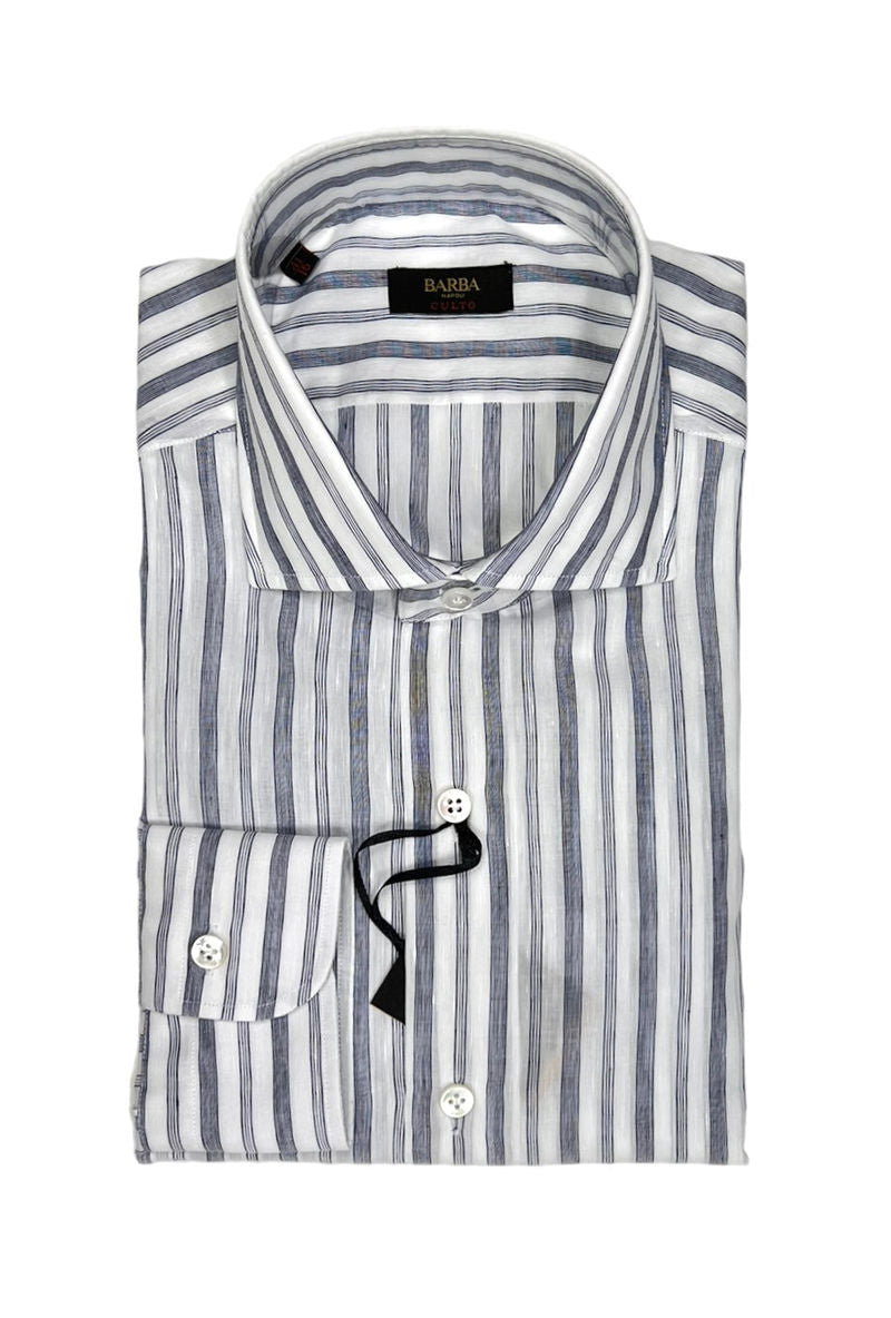 Navy Multi Striped Cotton/Linen Spread Collar Shirt