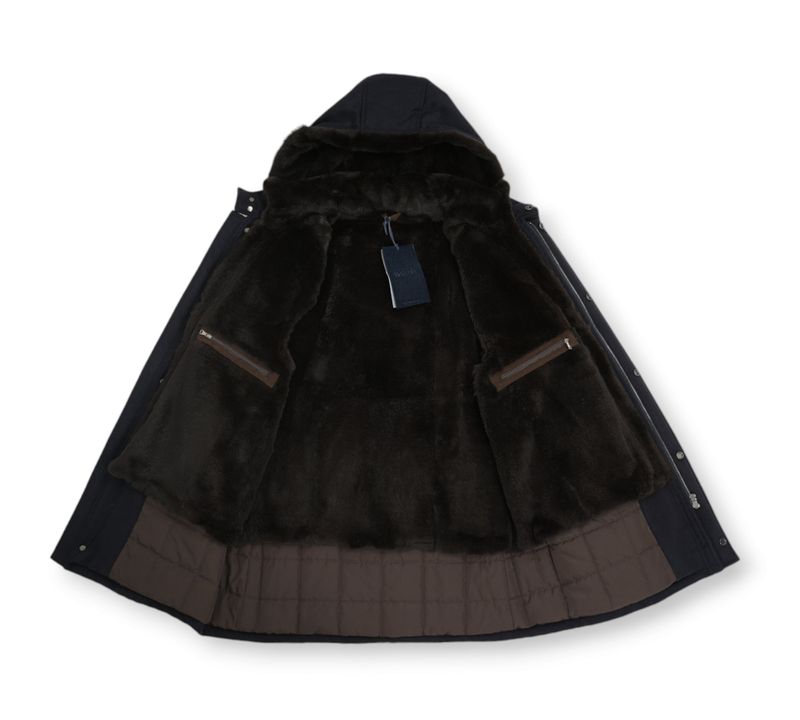 Navy Virgin Wool & Cashmere Flannel, Fur Lined Jacket
