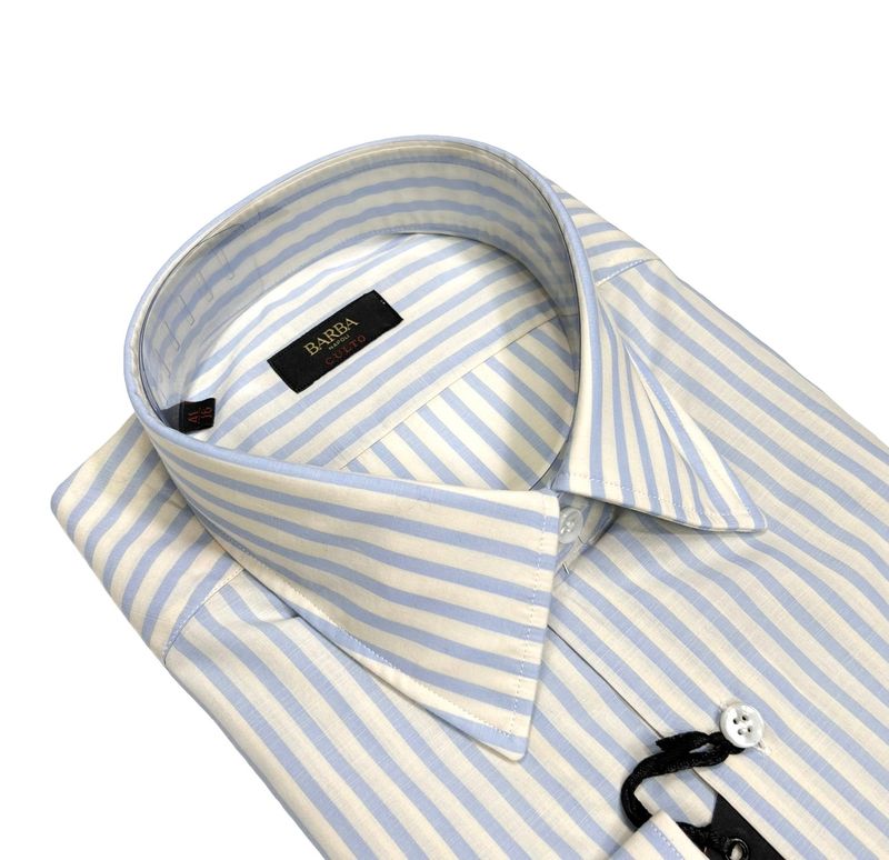 Pale Blue/Ecru Striped Cotton Point Collar Shirt