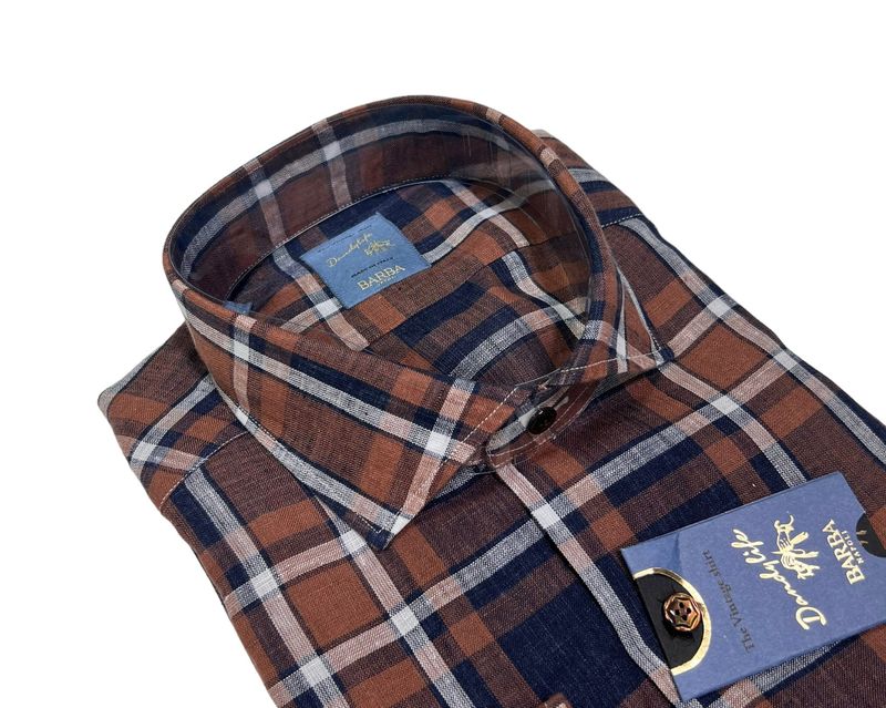 Brown/Navy Linen Checked Shirt
