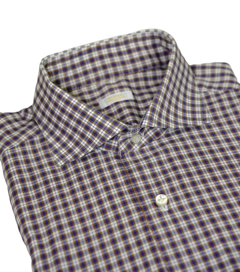 Blue/Brown Checked Spread Collar Shirt