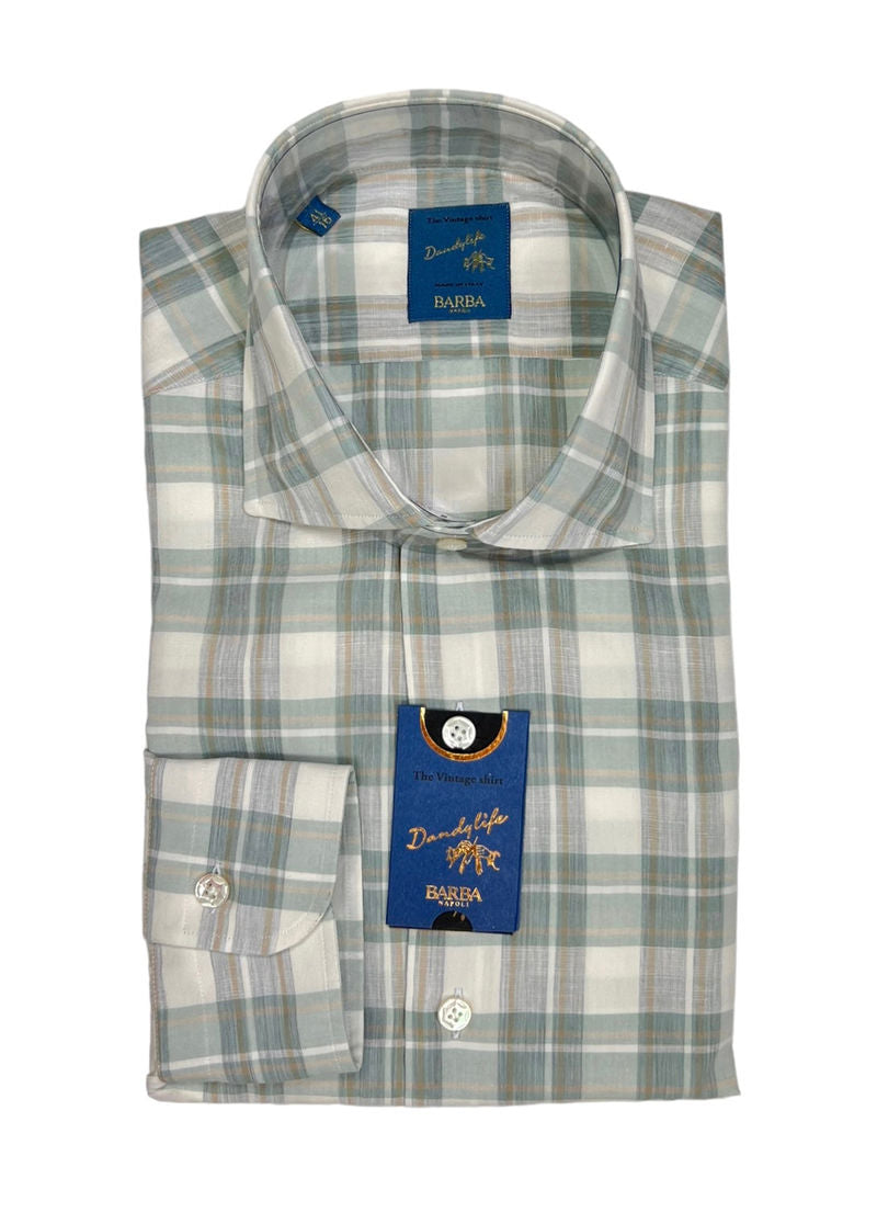 Pale Beige/Green Linen/Cotton Checked Shirt