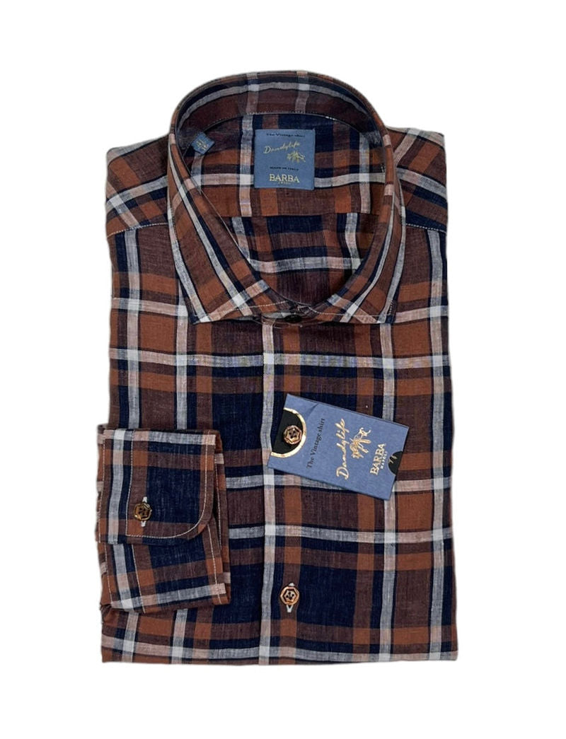 Brown/Navy Linen Checked Shirt