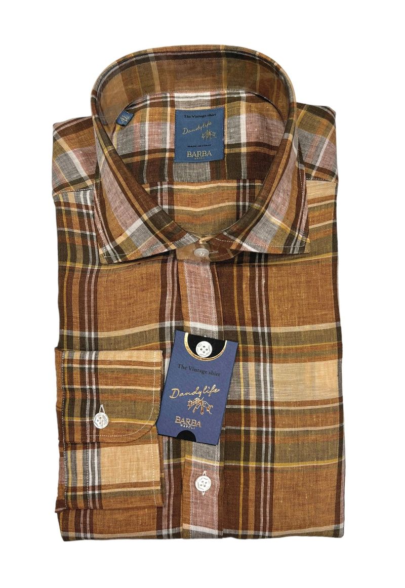 Warm Beige/Brown Check Linen Shirt