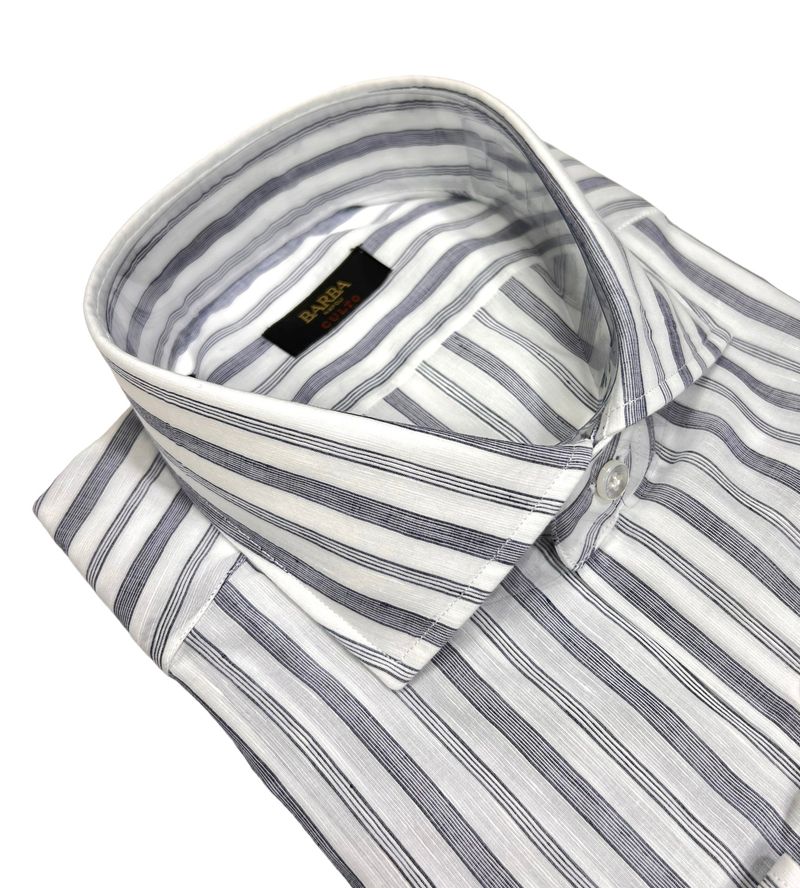 Navy Multi Striped Cotton/Linen Spread Collar Shirt