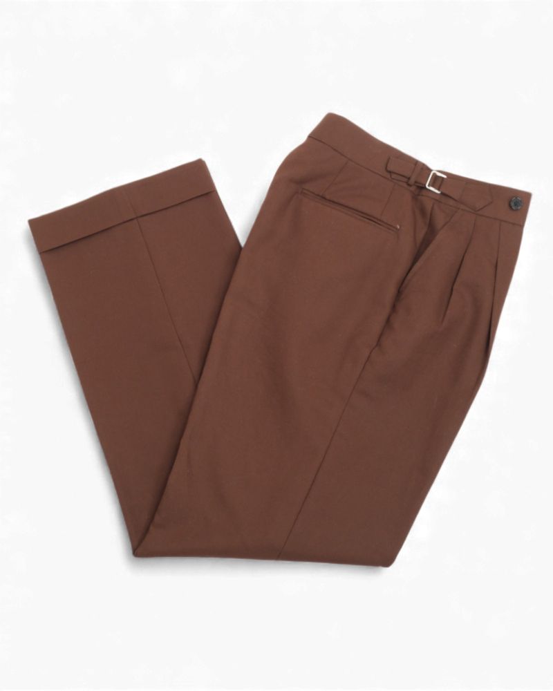 Dark Brown Pleated High-Rise Brushed Cotton Trousers