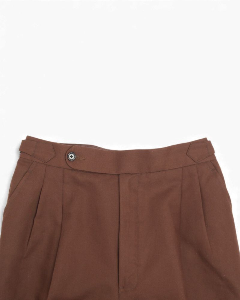 Dark Brown Pleated High-Rise Brushed Cotton Trousers