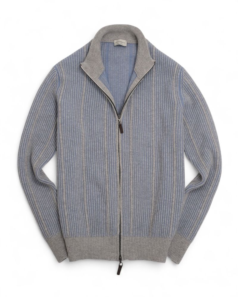 Ice Blue & Grey Merino & Cashmere Full-Zip Cardigan