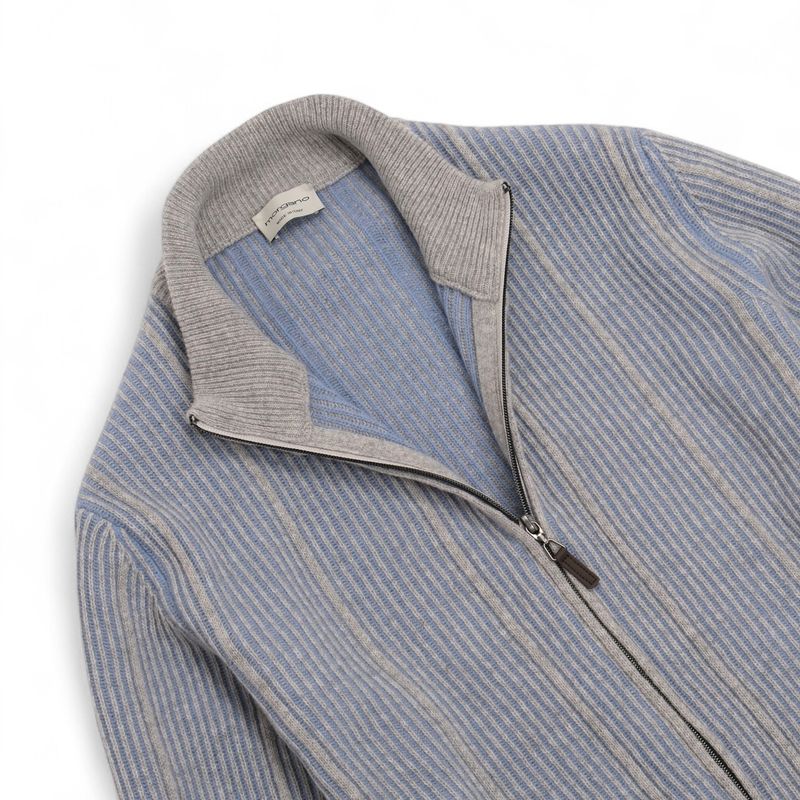 Ice Blue & Grey Merino & Cashmere Full-Zip Cardigan