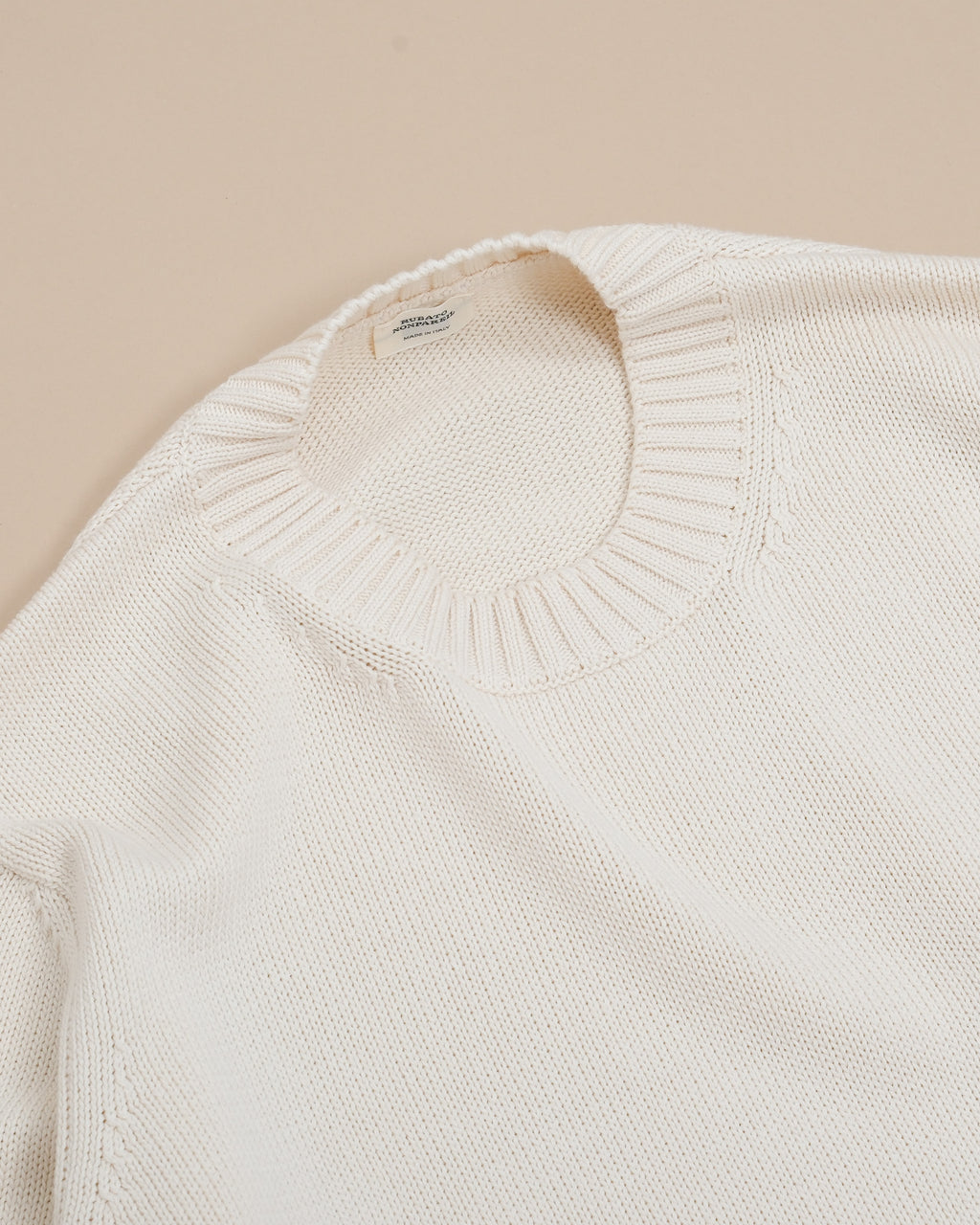 Detail of ribbed crewneck on Bone Nonpareil Heavy Crewneck by Rubato