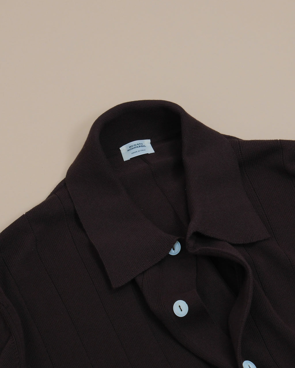 Detail of button plaket and collar on Ebano Nonpareil Collo Americano Long-Sleeve Polo by Rubato