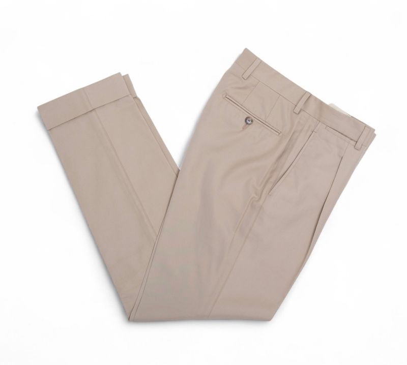 Stone-Beige High Rise Pleated Cotton Trousers
