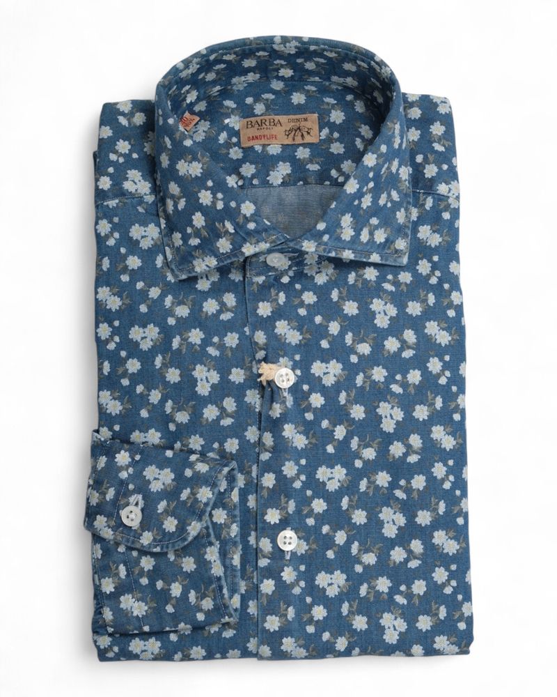 Blue Floral Pattern Denim Shirt