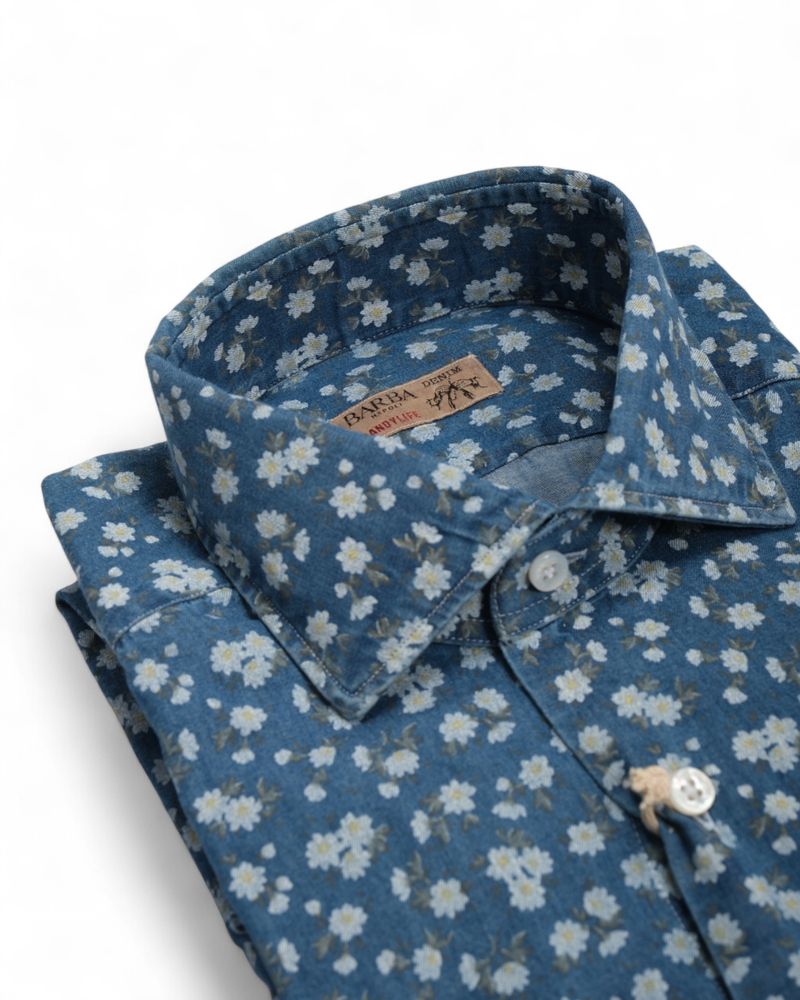 Blue Floral Pattern Denim Shirt