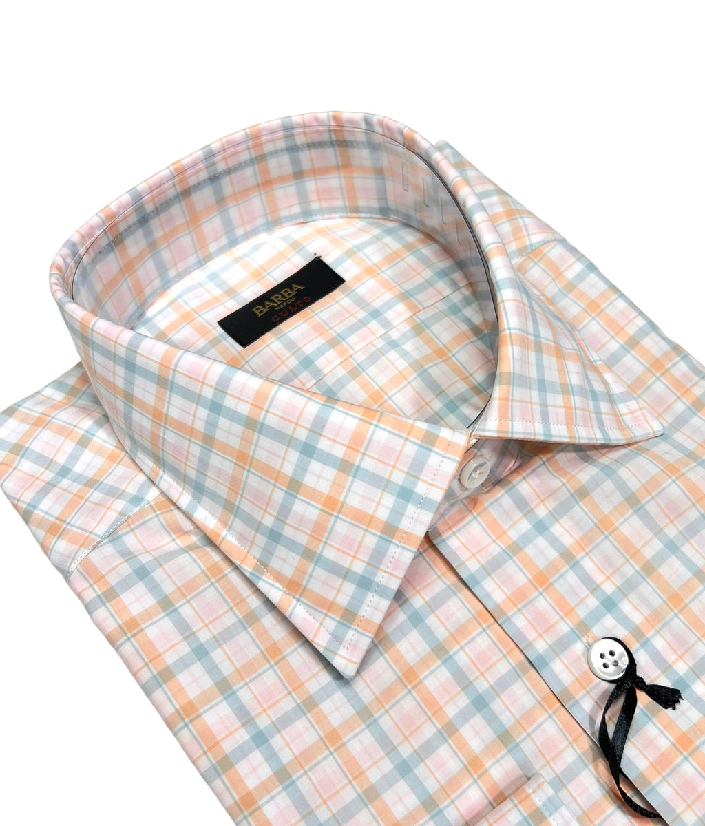 Peach/Blue Tartan Check Poplin Shirt