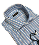 Barba Napoli - Pale Blue/Brown/White Striped Cotton/Linen Spread Collar Shirt 41