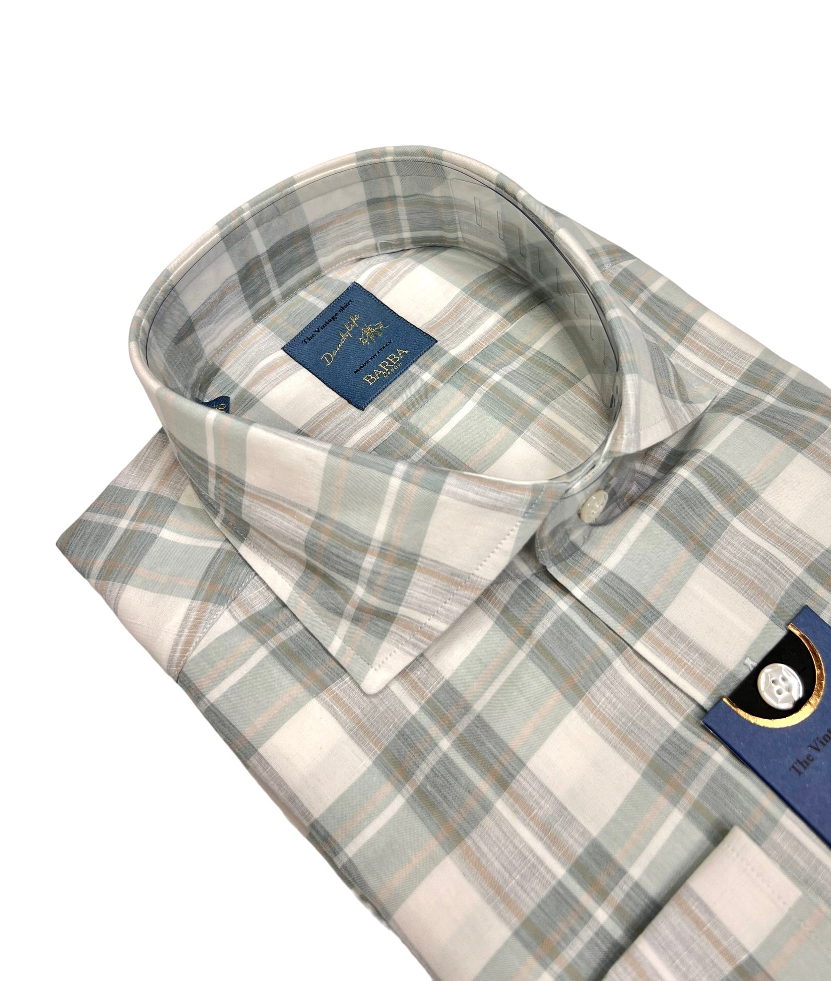 Pale Beige/Green Linen & Cotton Checked Shirt